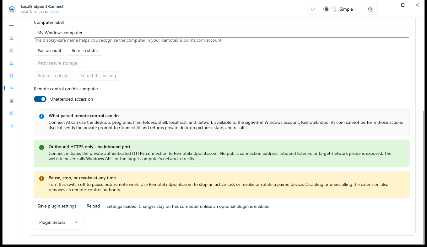 LocalEndpoint Connect Remote control settings showing Unattended access on, capability and outbound HTTPS notices, pause, stop, and revoke guidance, and Save plugin settings.